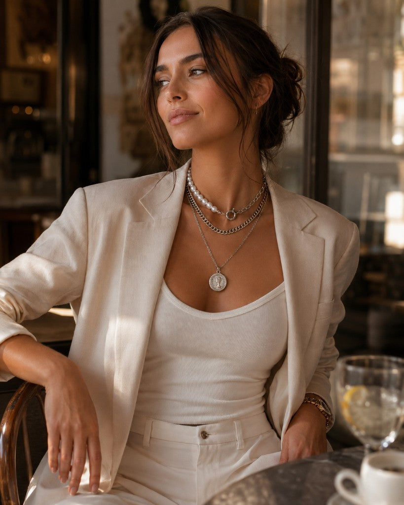 Layered silver jewelry with a cream blazer at a cafe table