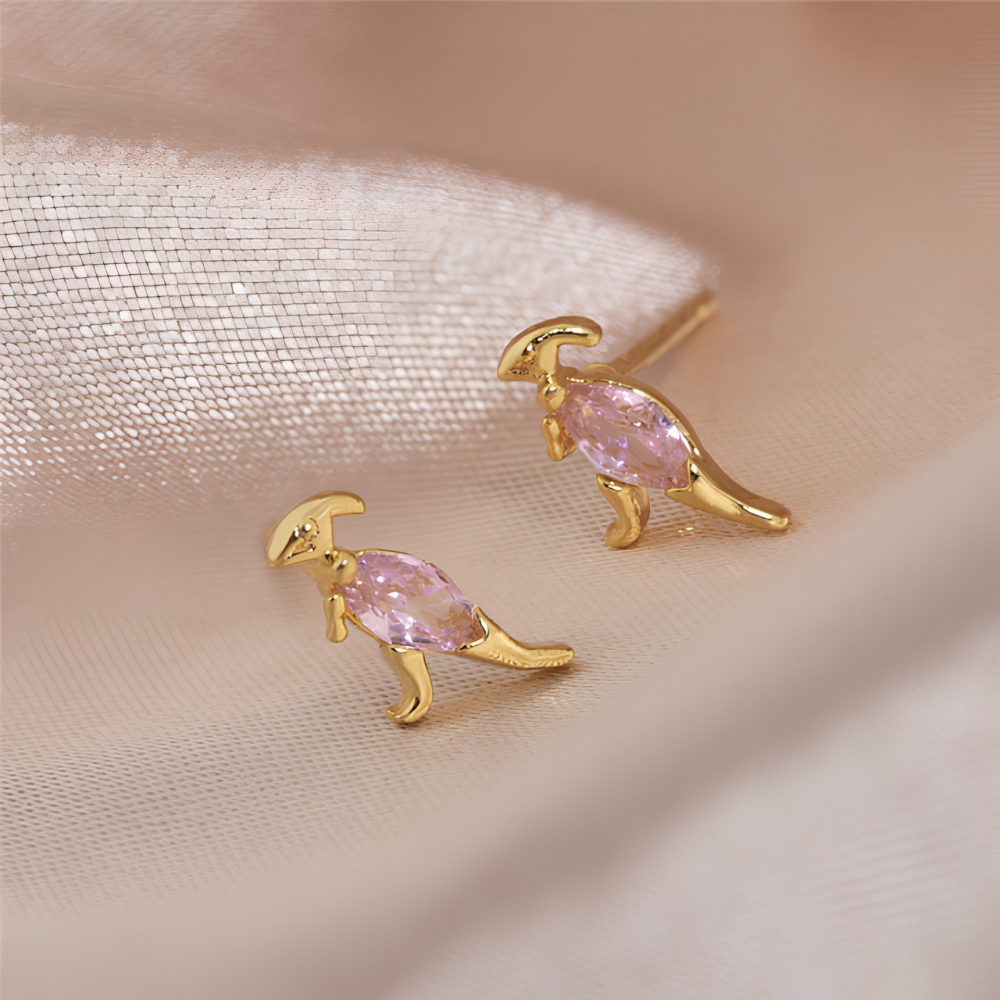 Women's Dino Earrings in Pair Featuring Dinosaur Design and Decorative Stone Details