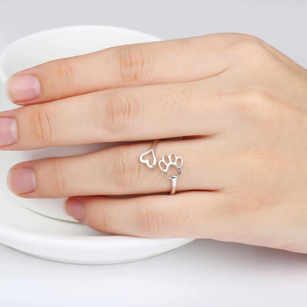 Women Adjustable Open Ring featuring Heart and Paw Motif