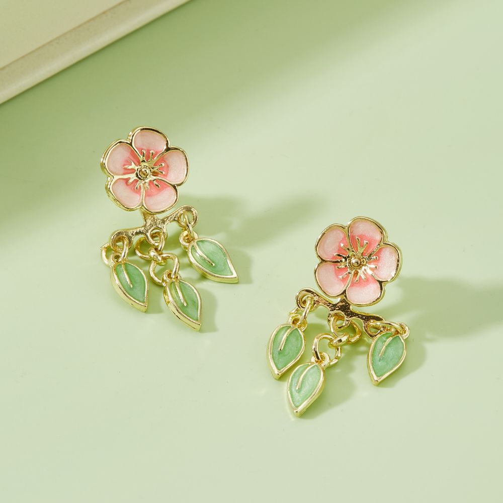 Women's Cherry Blossom Earrings with Leaf Design