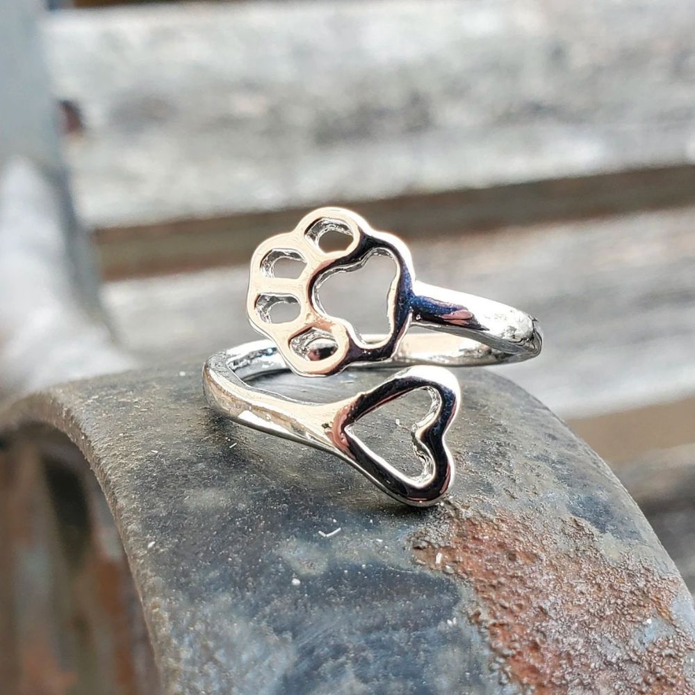Women Adjustable Open Ring featuring Heart and Paw Motif