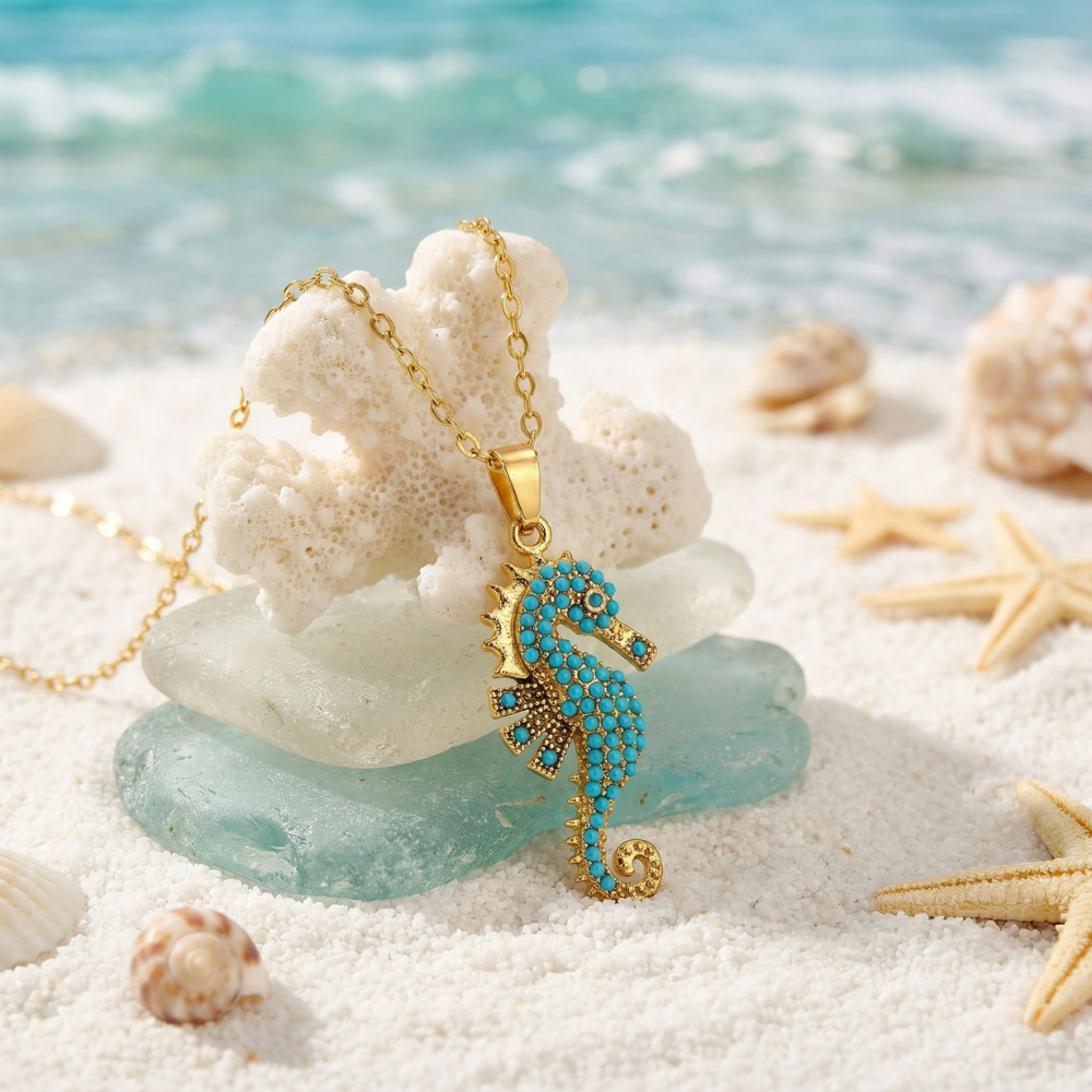 Women's Necklace Featuring a Seahorse Pendant with Ocean Theme
