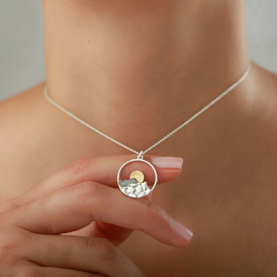 Women Necklace with Mountain Pendant and Sun Motif