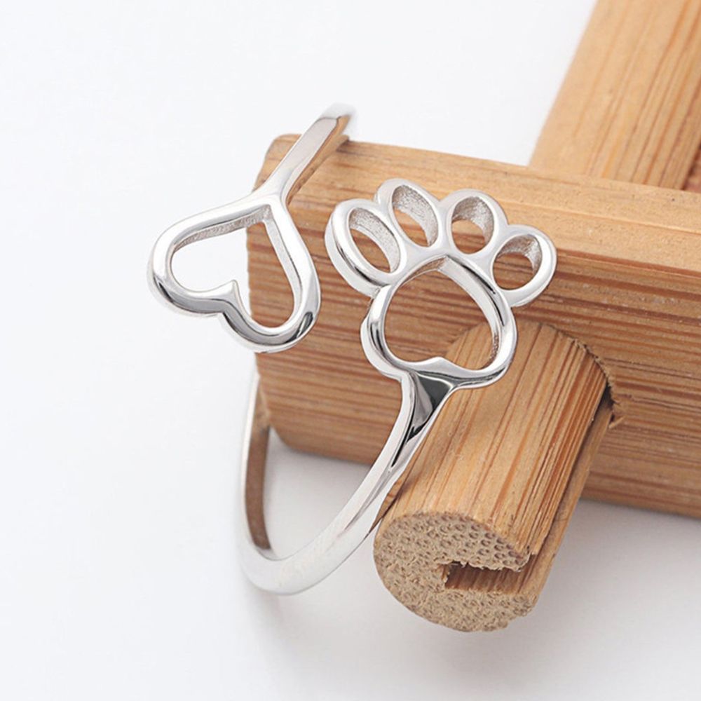 Women Adjustable Open Ring featuring Heart and Paw Motif