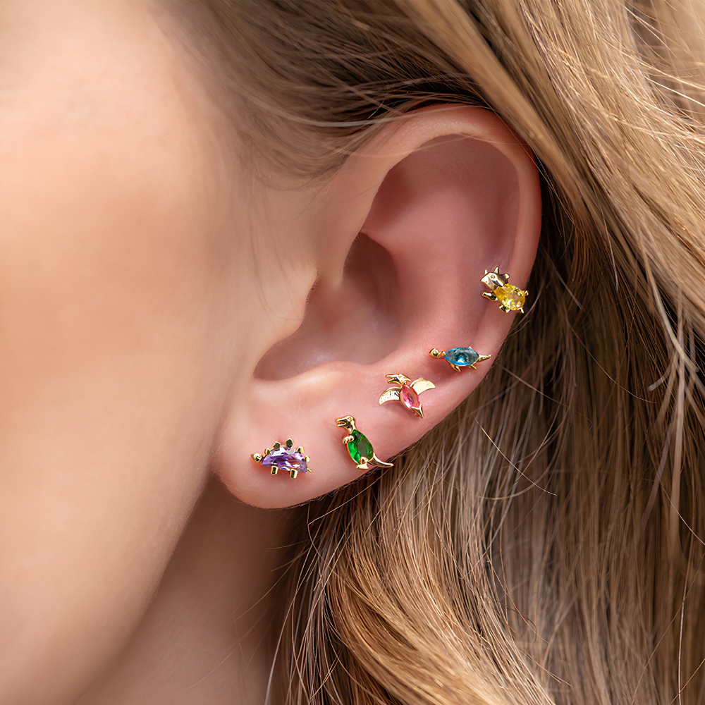 Women's Dino Earrings in Pair Featuring Dinosaur Design and Decorative Stone Details