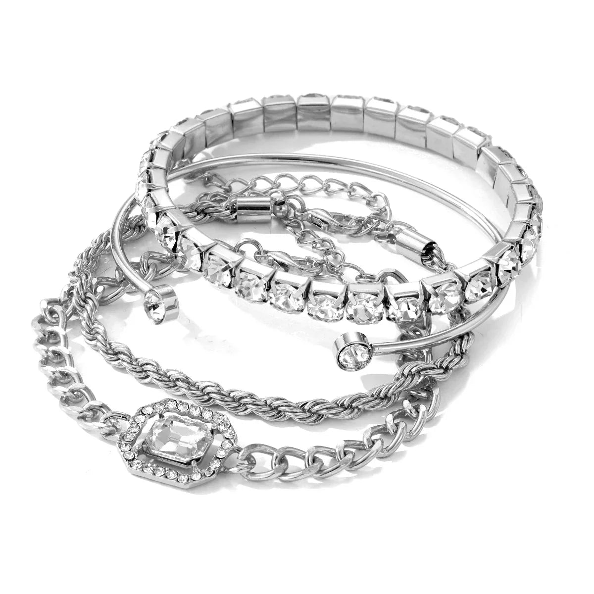 Women's 4-Piece Stackable Bracelet Set with Tennis Cuban Rope Chains and Open Design