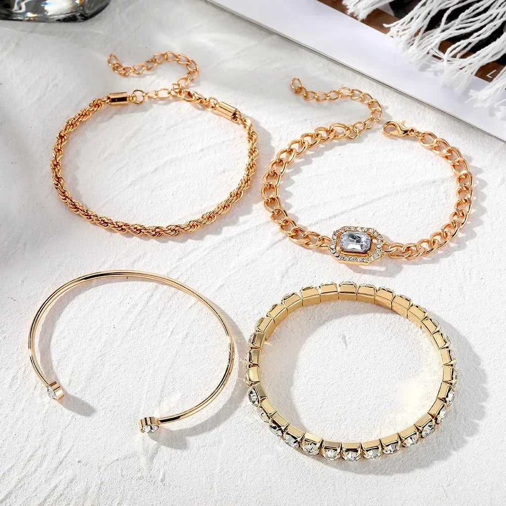 Women's 4-Piece Stackable Bracelet Set with Tennis Cuban Rope Chains and Open Design