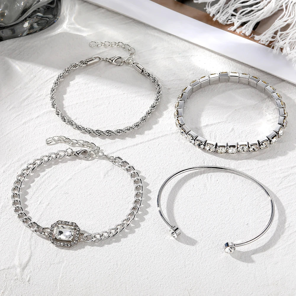 Women's 4-Piece Stackable Bracelet Set with Tennis Cuban Rope Chains and Open Design