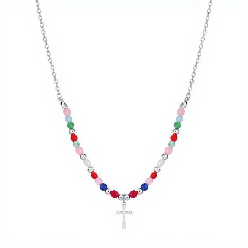Women's Cross Pendant Necklace with Pearl Strand and Decorative Stone Accents