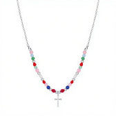 Women's Cross Pendant Necklace with Pearl Strand and Decorative Stone Accents