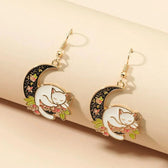 Women's Earrings Featuring Cat on Half Moon - Pair