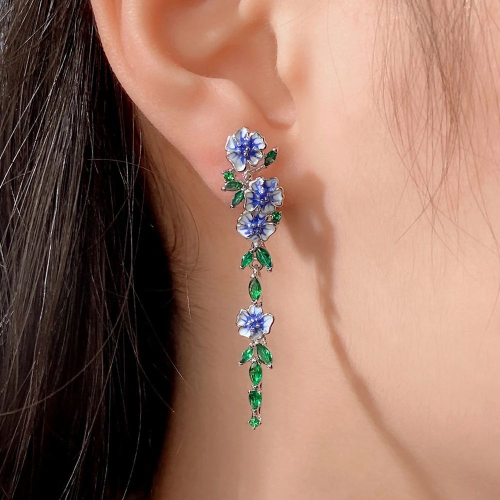 Ladies Chain Earrings with Floral Design - Pair
