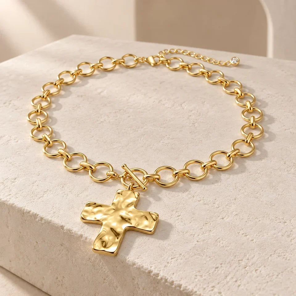 Women's Cross Pendant Necklace with Round Link Chain and Toggle Clasp