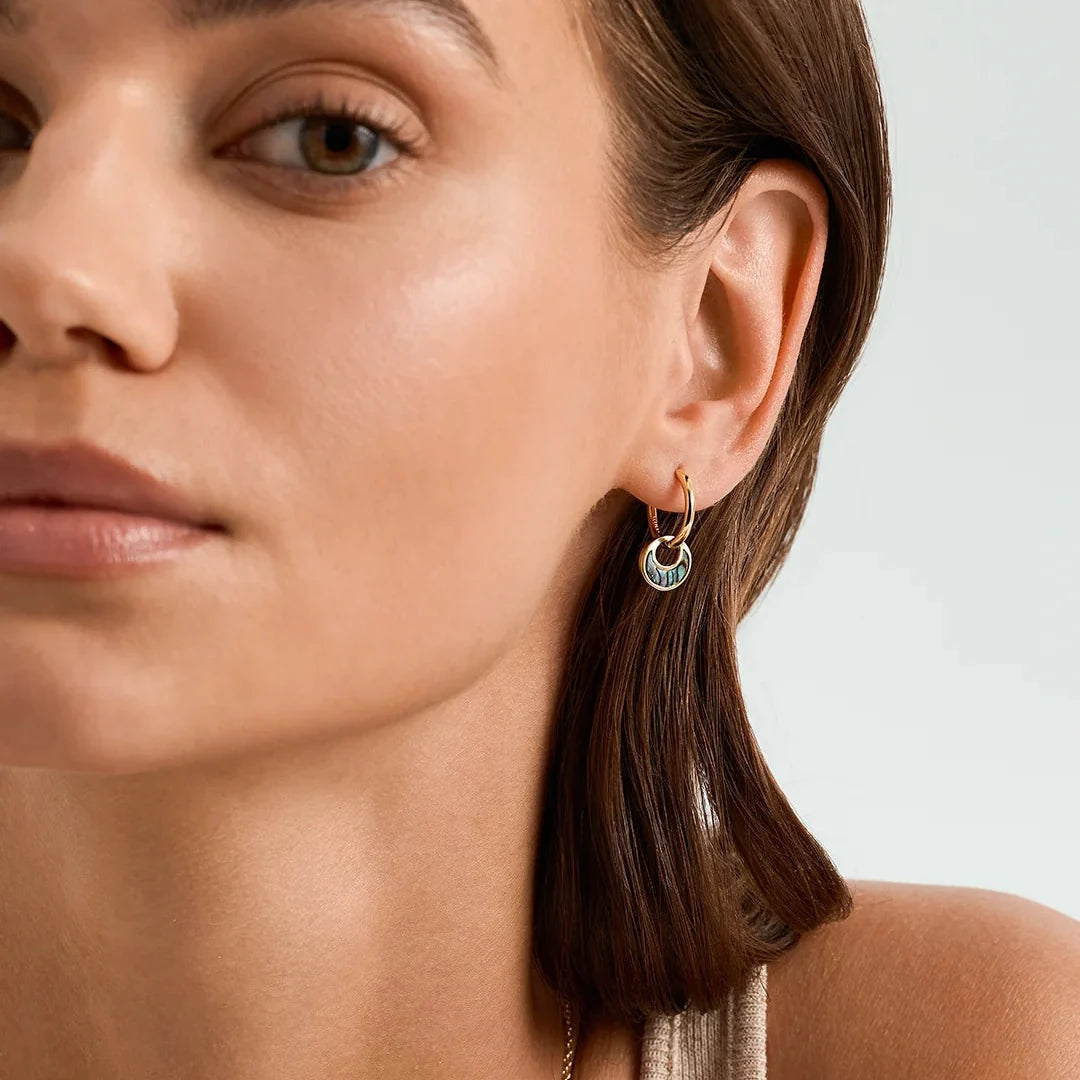 Women's Hoop Earrings with Round Pendant and Decorative Inlay