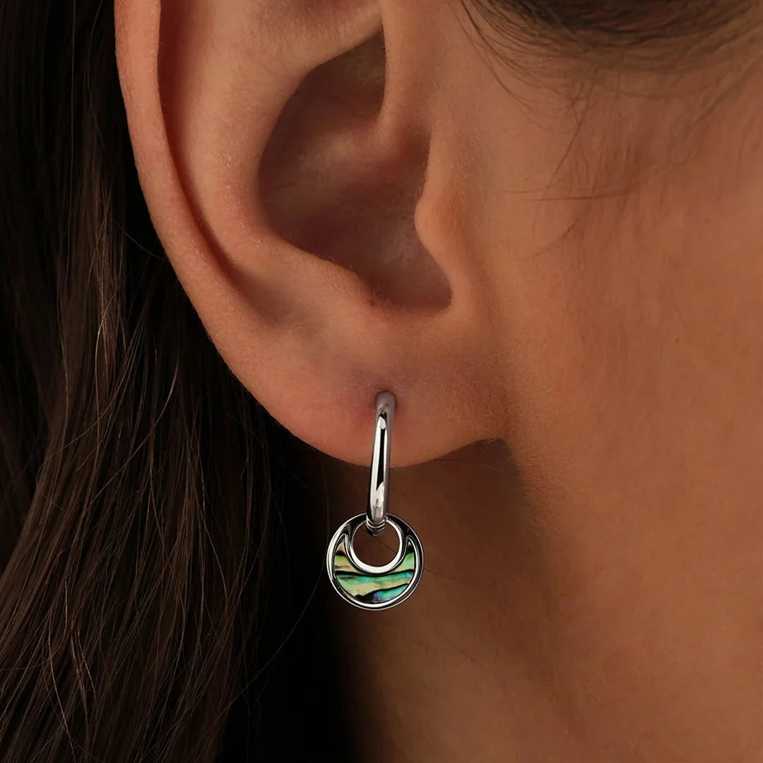 Women's Hoop Earrings with Round Pendant and Decorative Inlay