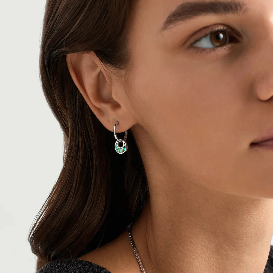 Women's Hoop Earrings with Round Pendant and Decorative Inlay
