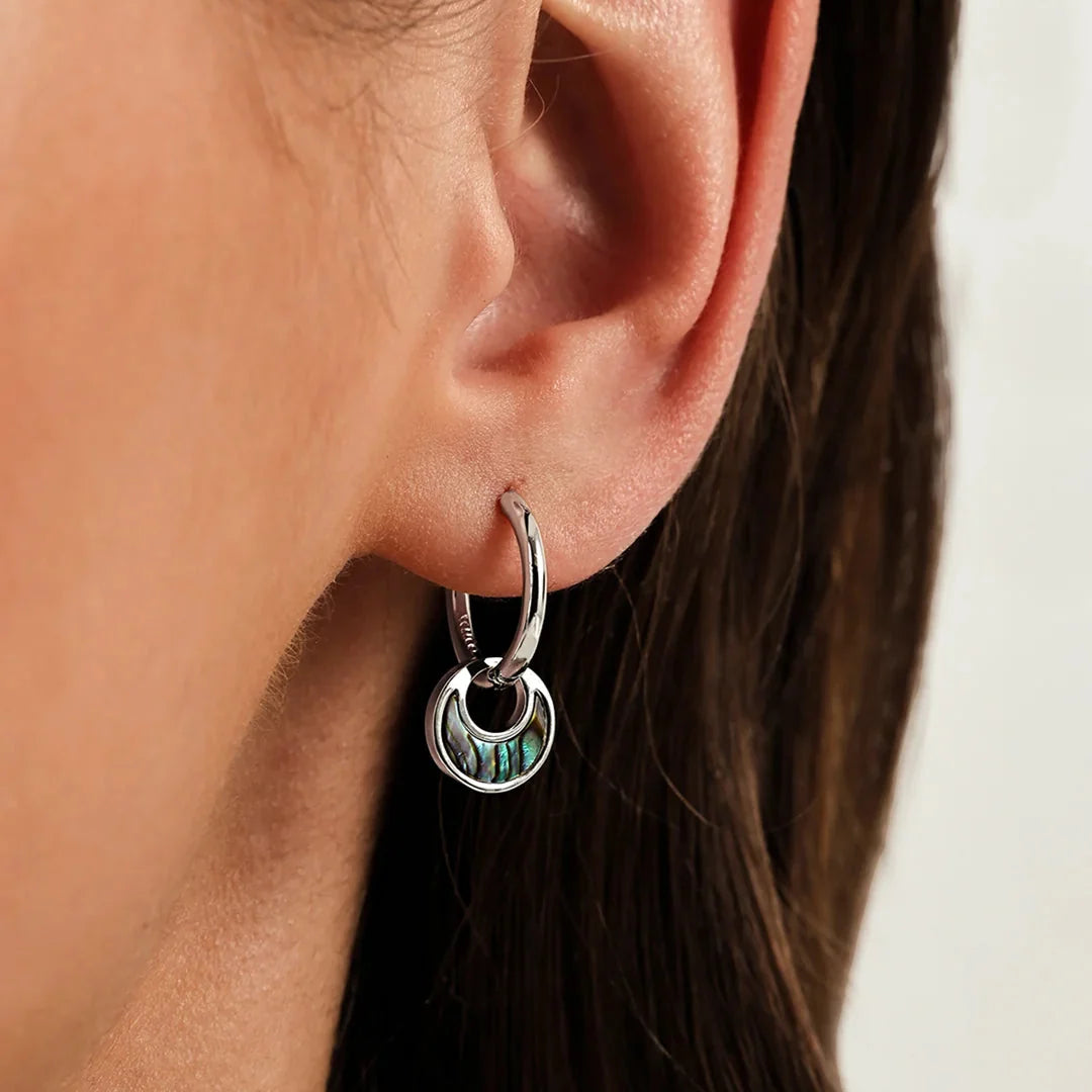 Women's Hoop Earrings with Round Pendant and Decorative Inlay