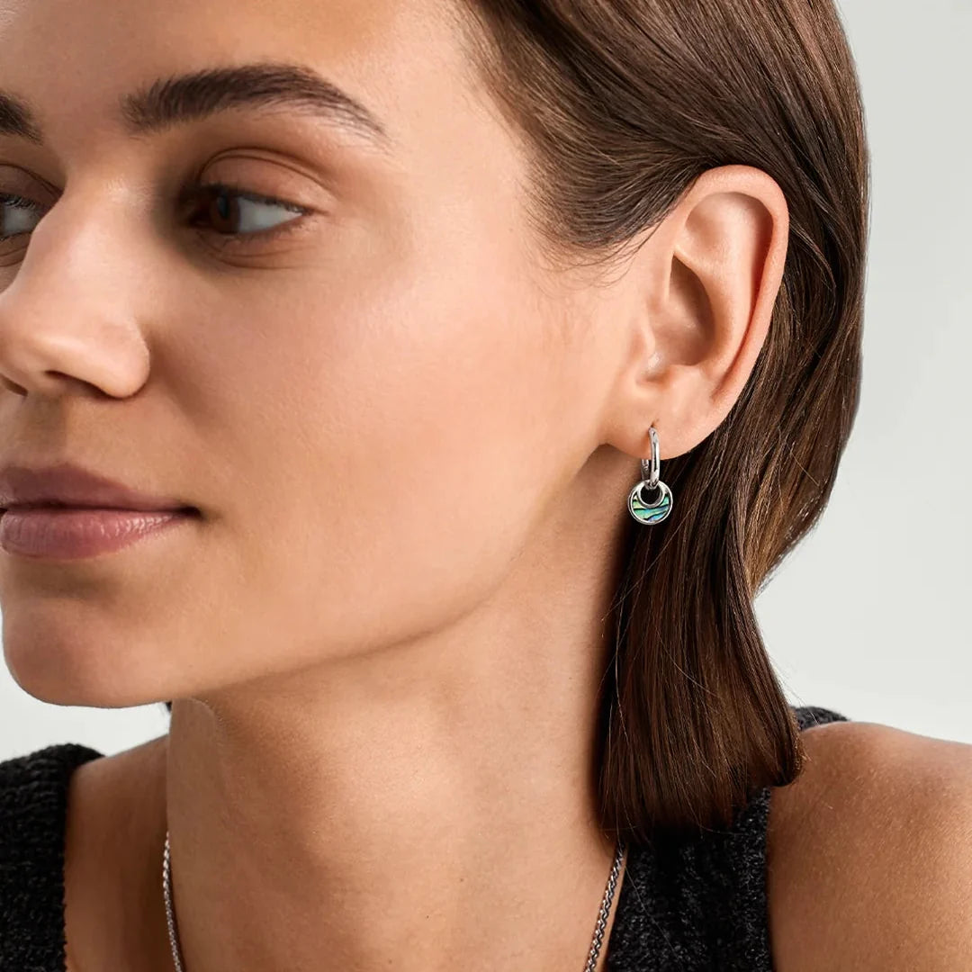 Women's Hoop Earrings with Round Pendant and Decorative Inlay