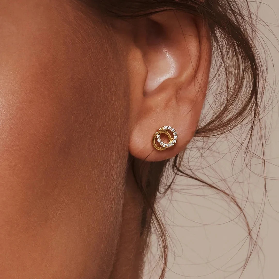 Women's Ear Studs with Interlocking Double Circles and Gemstone Accents