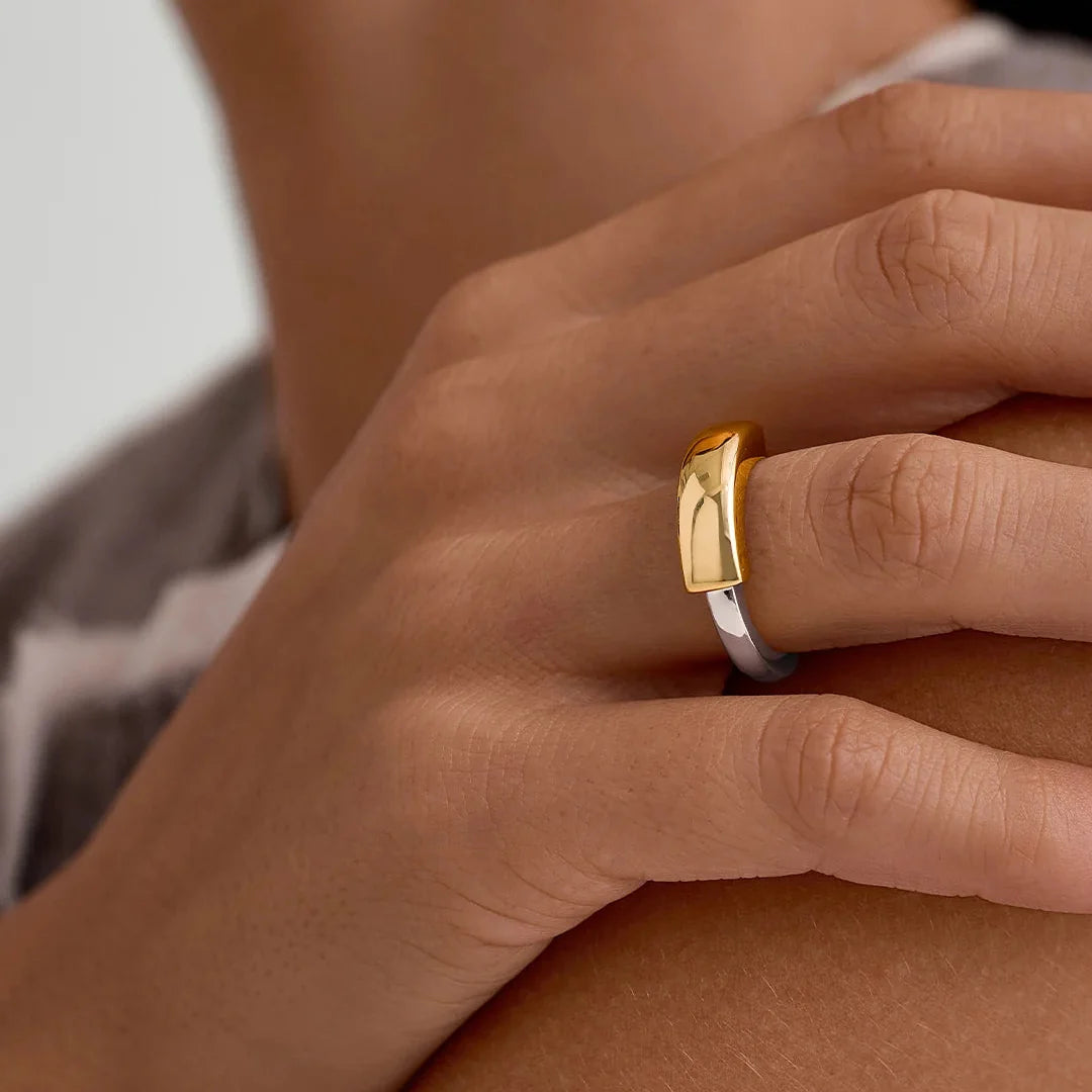 Women's Statement Ring Featuring Overlapping Double Band and Tube Design