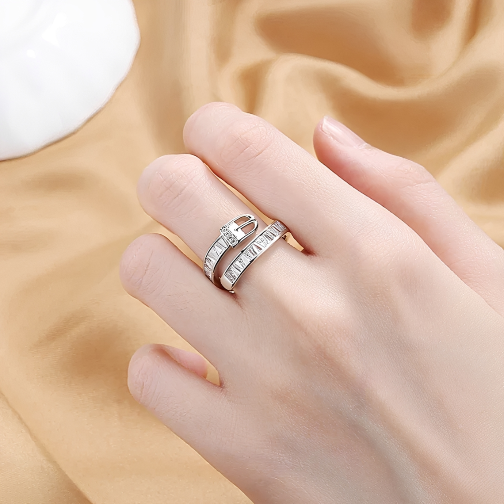 Women's Adjustable Wrap Ring with Buckle Closure Design and Stone Accents