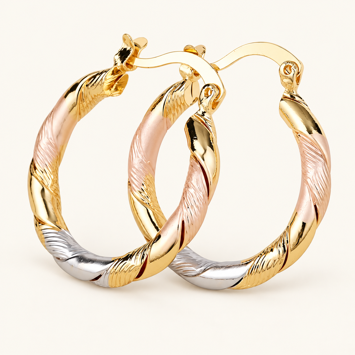 Women's Hoop Earrings with Triple-Contrast Design and Spiral-Wrapped Form