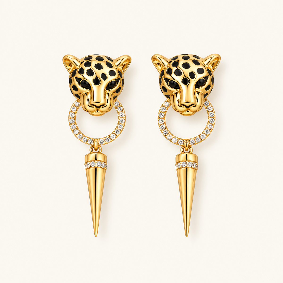 Women’s Dangle Earrings Featuring Leopard Head, Circular Pendant and Pointed Detail