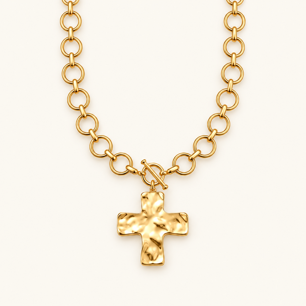 Women's Cross Pendant Necklace with Round Link Chain and Toggle Clasp