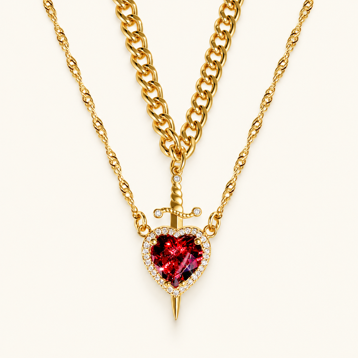 Women's 2-piece Partner Necklace Set featuring Heart and Sword Pendant