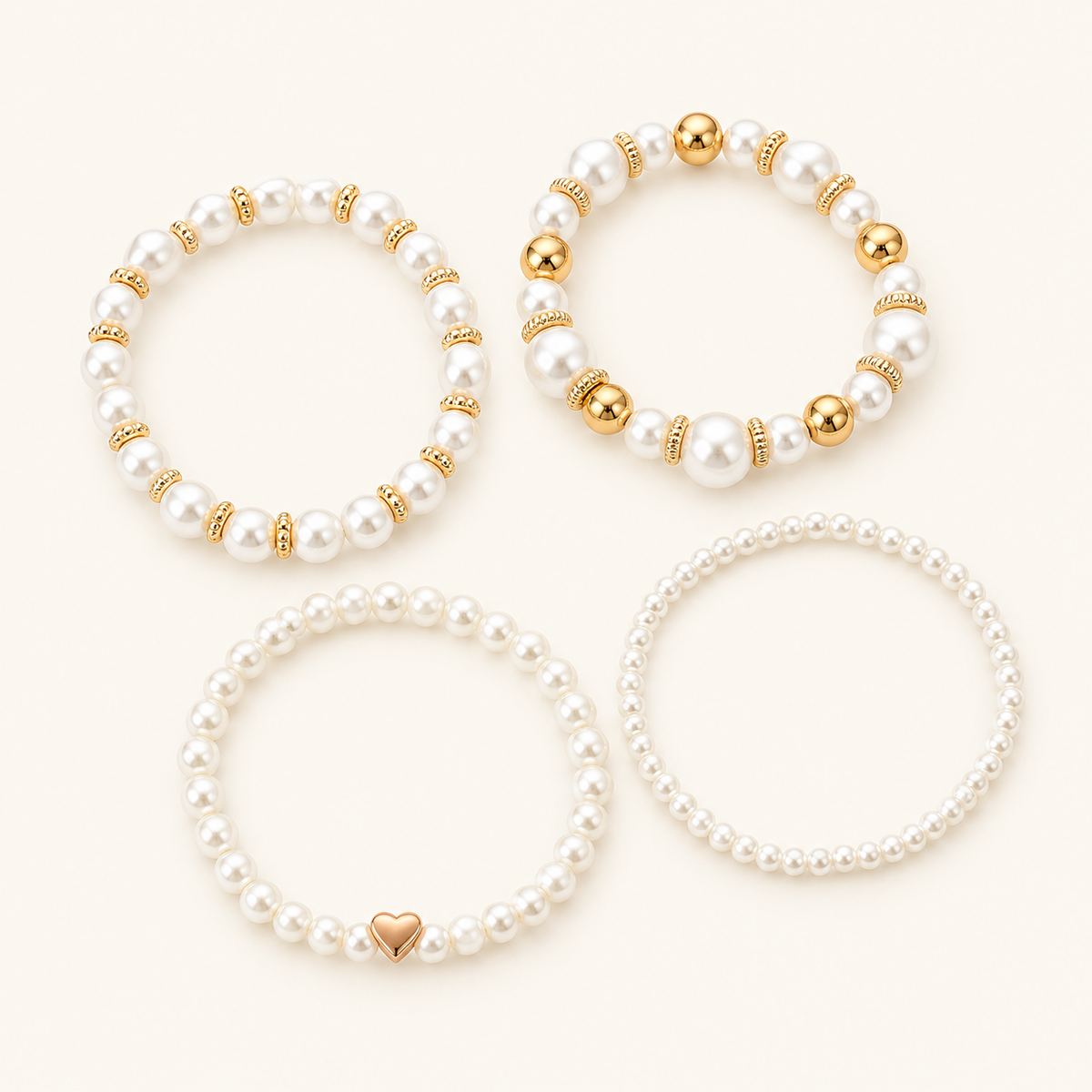 Women's 4-Piece Stackable Bracelet Collection with Pearl Accents and Heart Charm