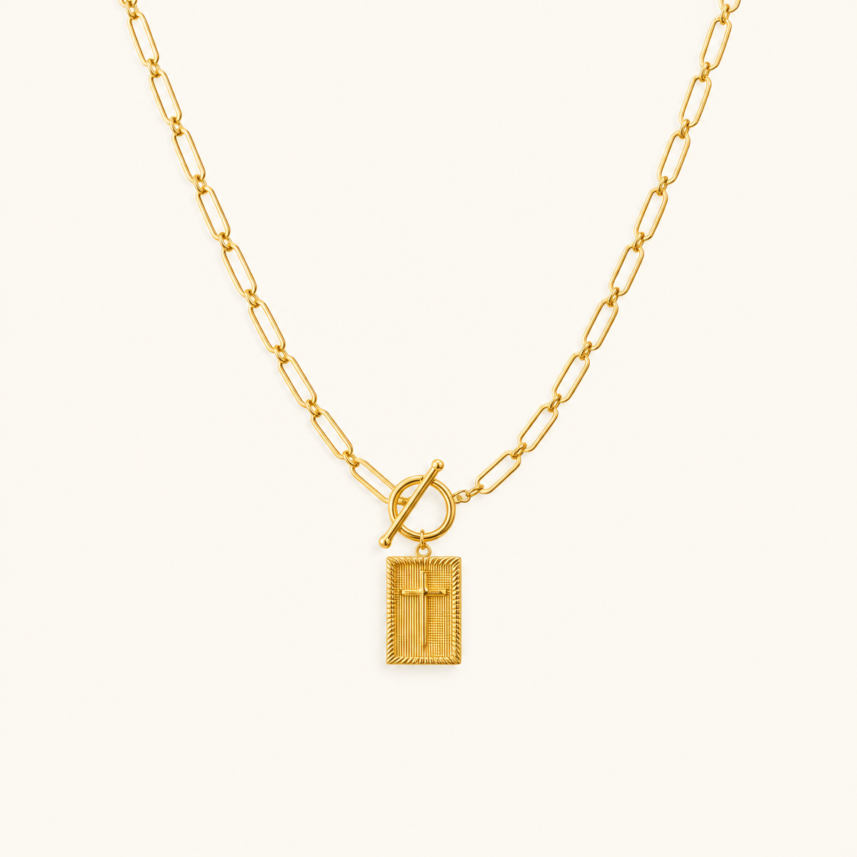 Women's Pendant Necklace Featuring Rectangular Pendant, Paperclip Chain and Toggle Clasp