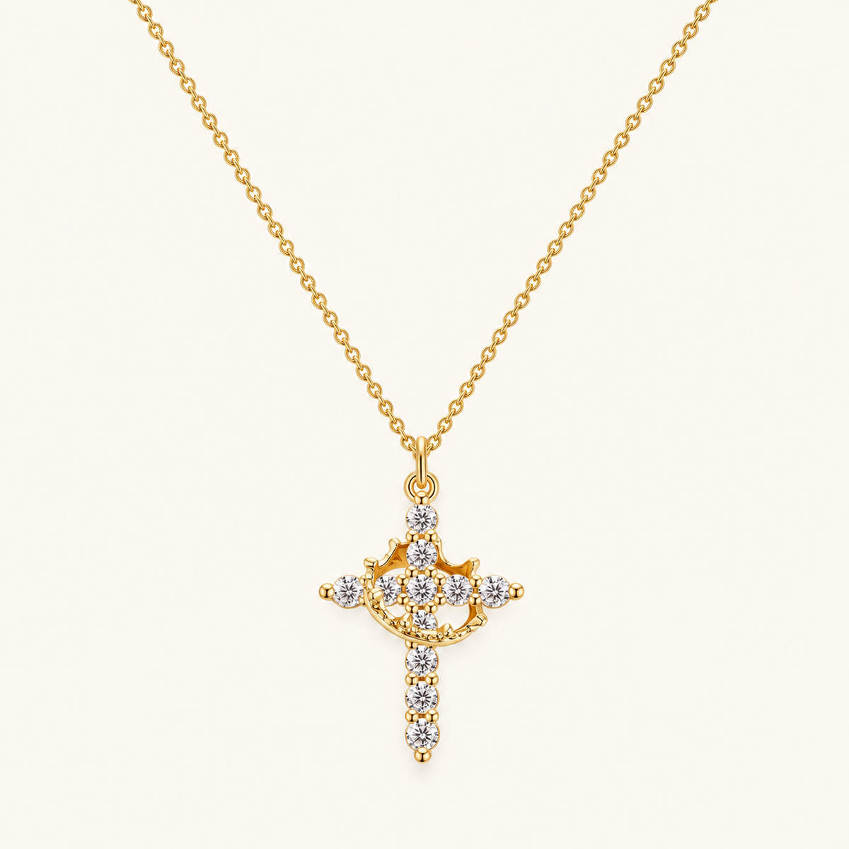 Women's Pendant Necklace Featuring Cross and Crown Design with Stone Accents