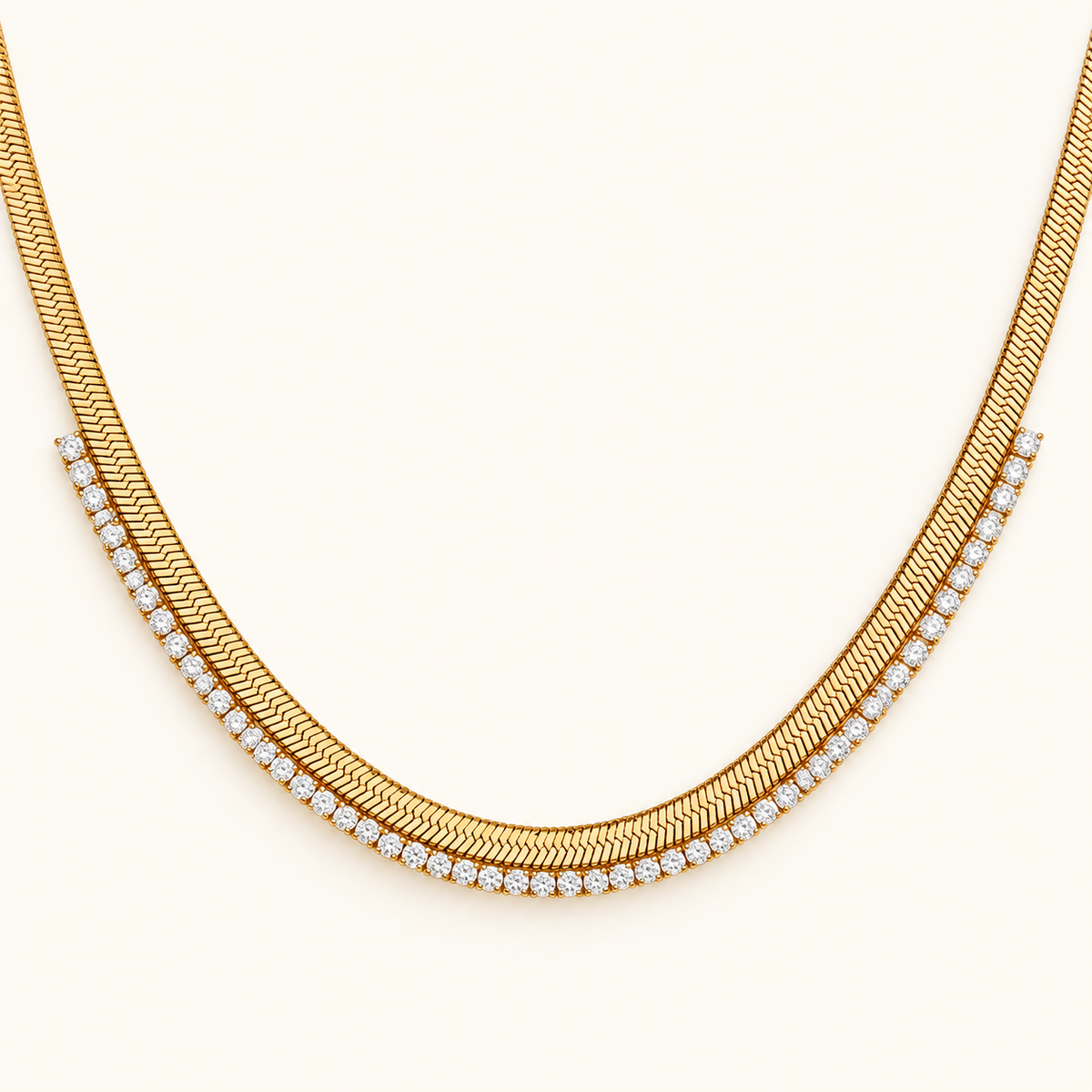 Women's Fishbone Necklace Featuring Wide Chain Design and Stone Accents