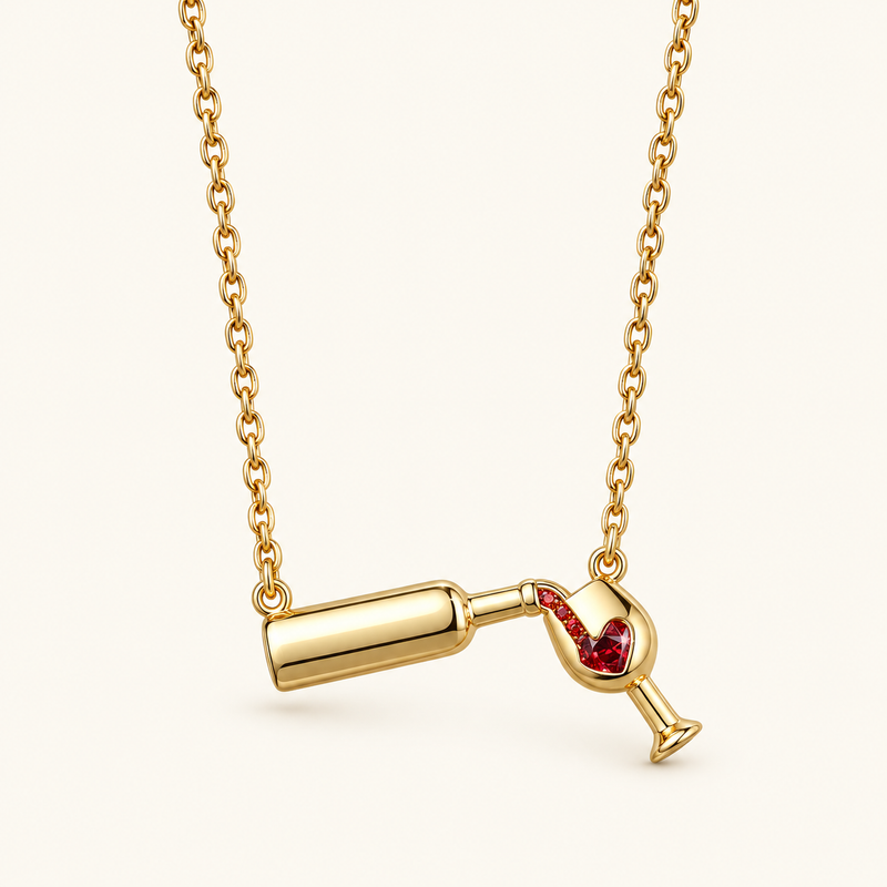 Women's Necklace with Wine Bottle Pendant and Heart Detail