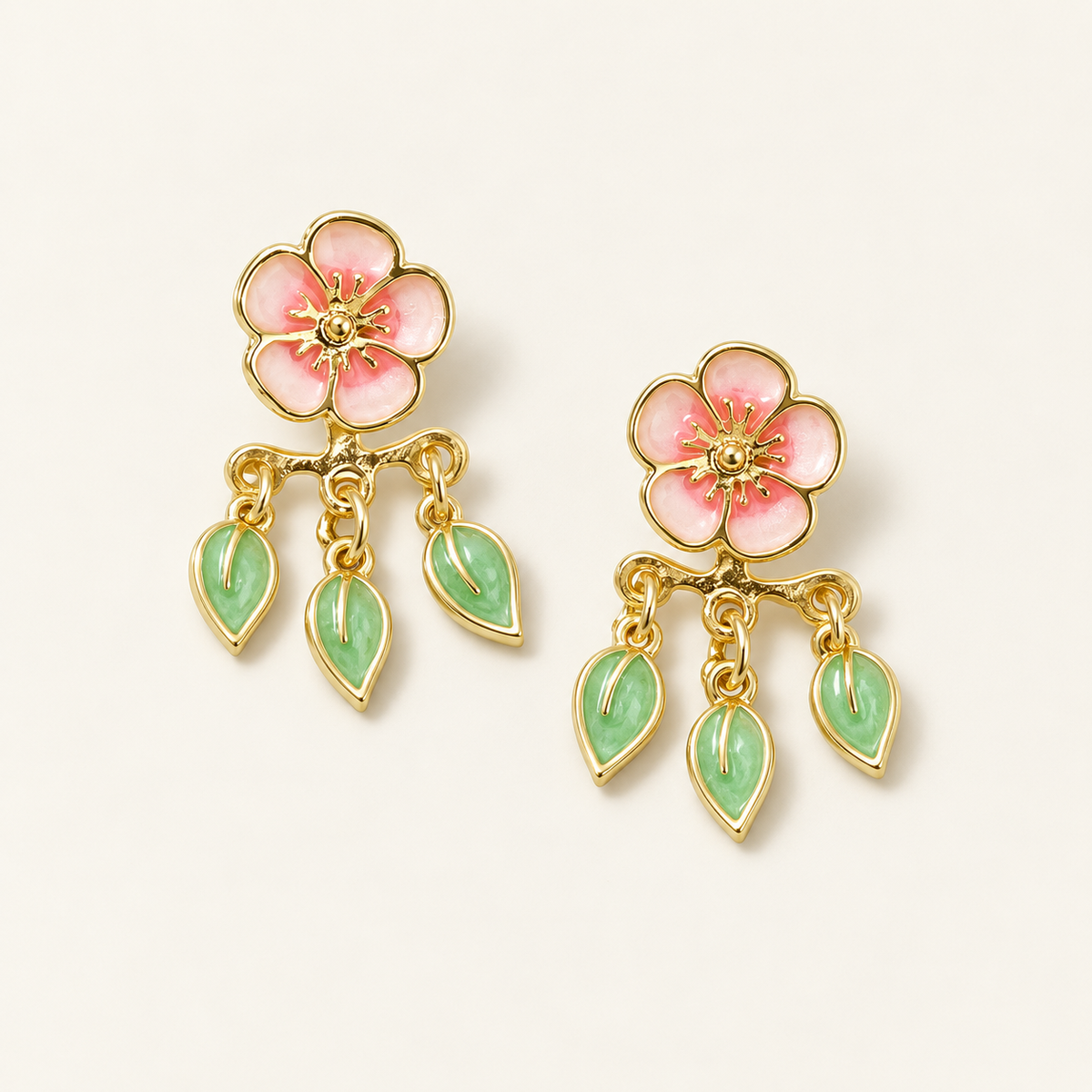 Women's Cherry Blossom Earrings with Leaf Design