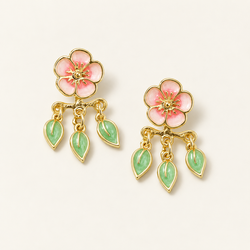 Women's Cherry Blossom Earrings with Leaf Design