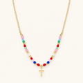 Women's Cross Pendant Necklace with Pearl Strand and Decorative Stone Accents