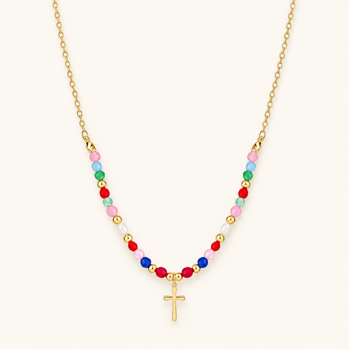 Women's Cross Pendant Necklace with Pearl Strand and Decorative Stone Accents