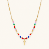 Women's Cross Pendant Necklace with Pearl Strand and Decorative Stone Accents