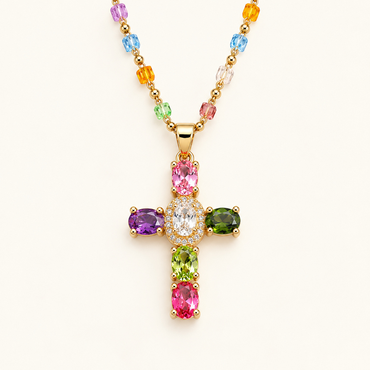 Women's Cross Necklace with Colorful Stone Accents