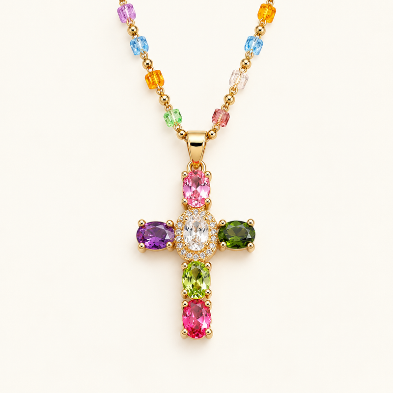 Women's Cross Necklace with Colorful Stone Accents