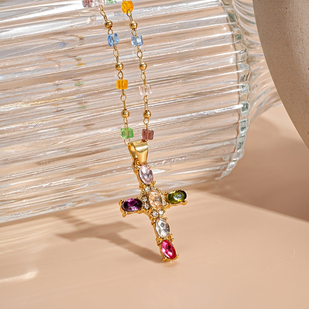 Women's Cross Necklace with Colorful Stone Accents