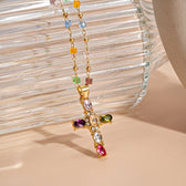 Women's Cross Necklace with Colorful Stone Accents