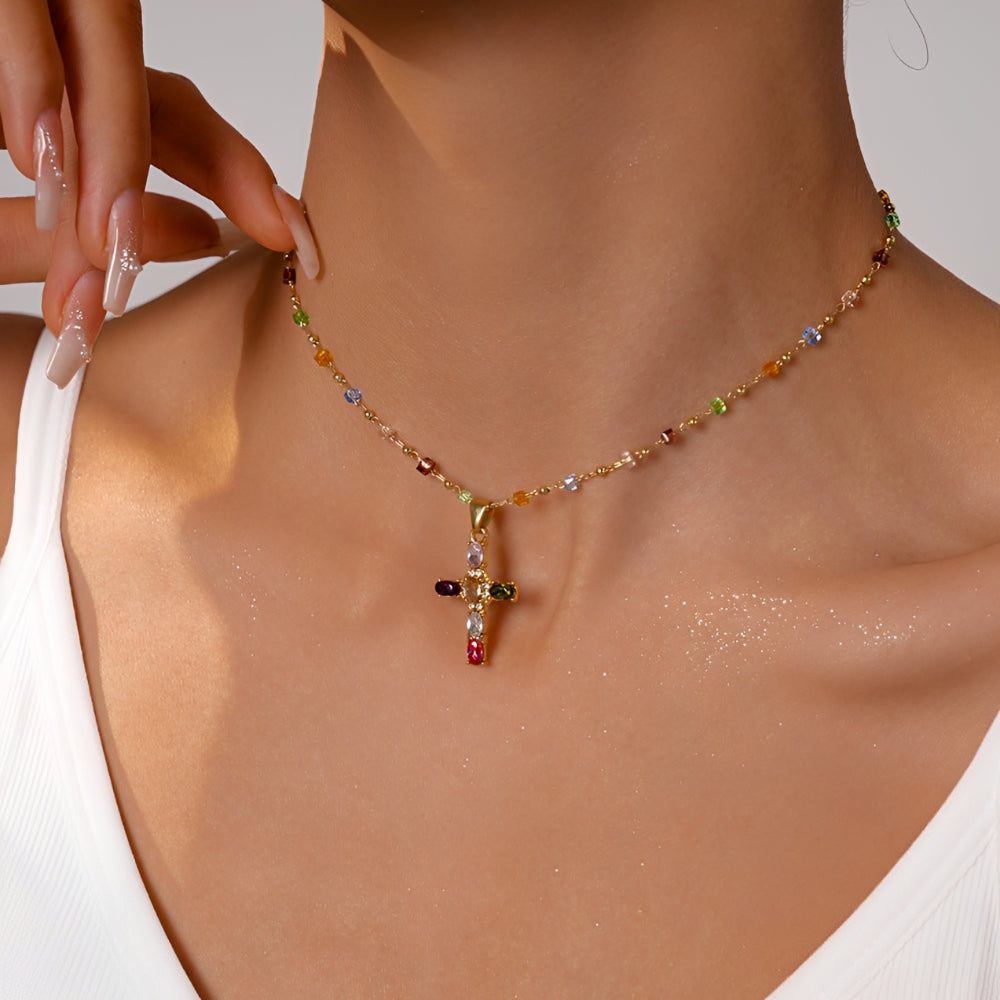 Women's Cross Necklace with Colorful Stone Accents