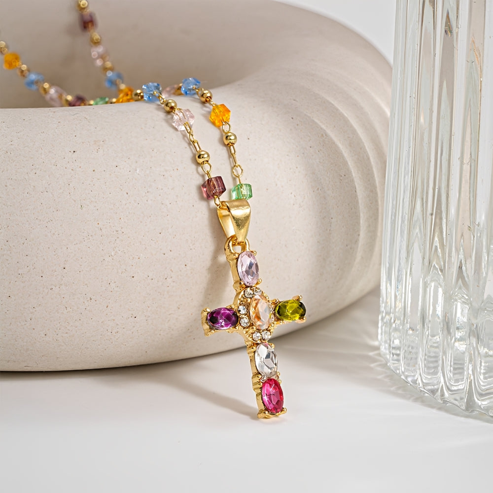 Women's Cross Necklace with Colorful Stone Accents