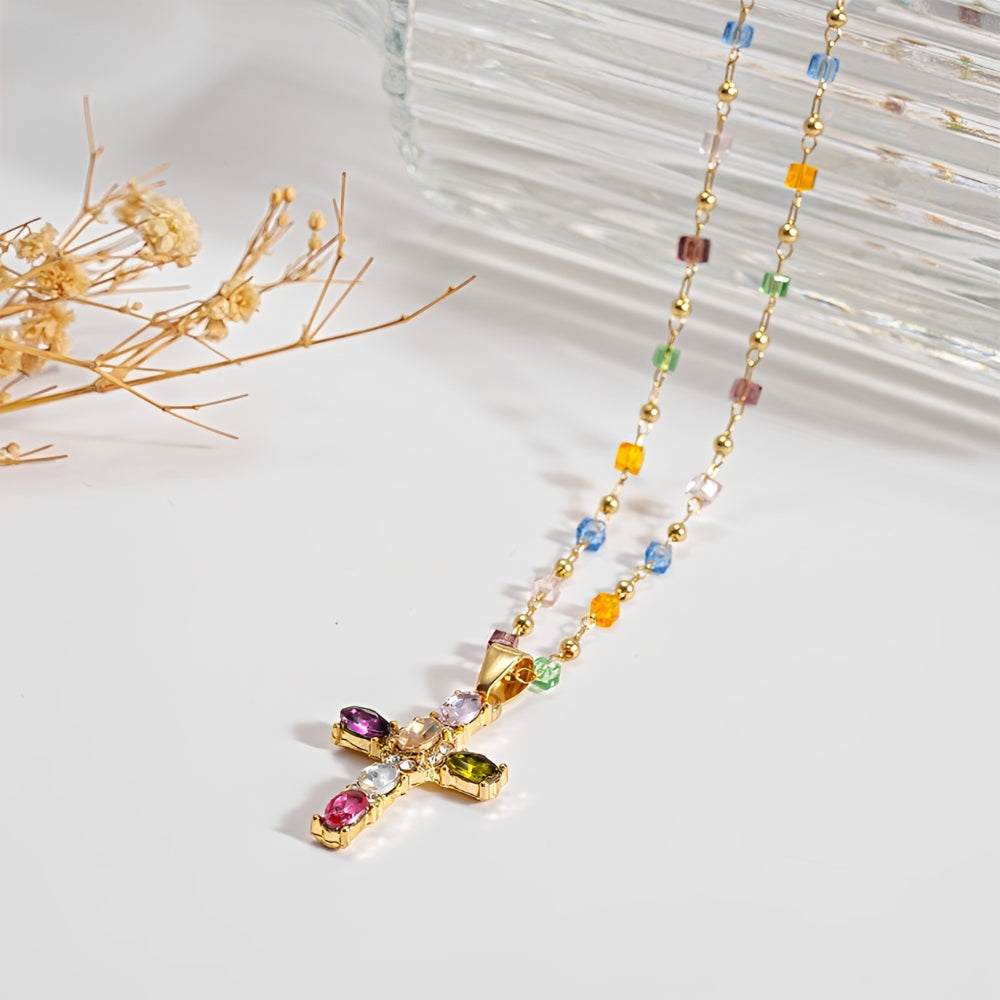 Women's Cross Necklace with Colorful Stone Accents
