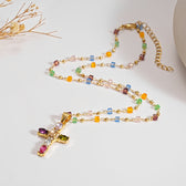 Women's Cross Necklace with Colorful Stone Accents