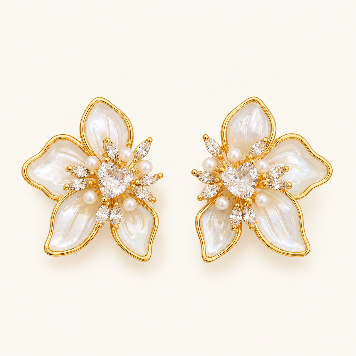 Women's Ear Studs in Floral Design with Heart Detail and Pearl-like Petals