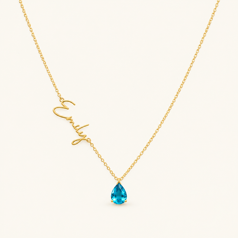 Women’s Custom Name Necklace with Teardrop Stone