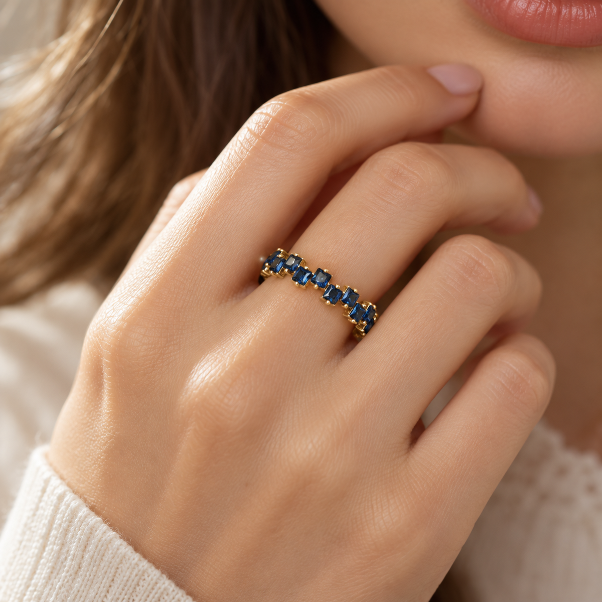 Women's Ring with Scattered Square Stone Accents and Offset Design